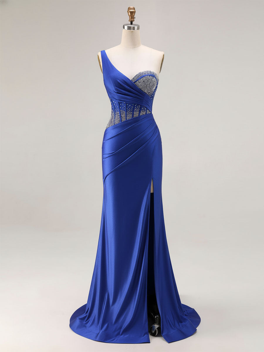 Mermaid One Shoulder Corset Long Prom Dress With Beading