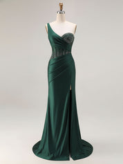 Mermaid One Shoulder Corset Long Prom Dress With Beading