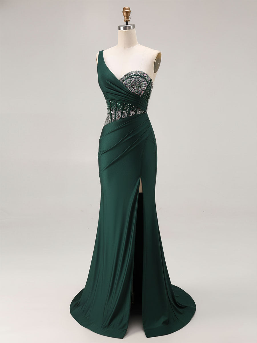 Mermaid One Shoulder Corset Long Prom Dress With Beading