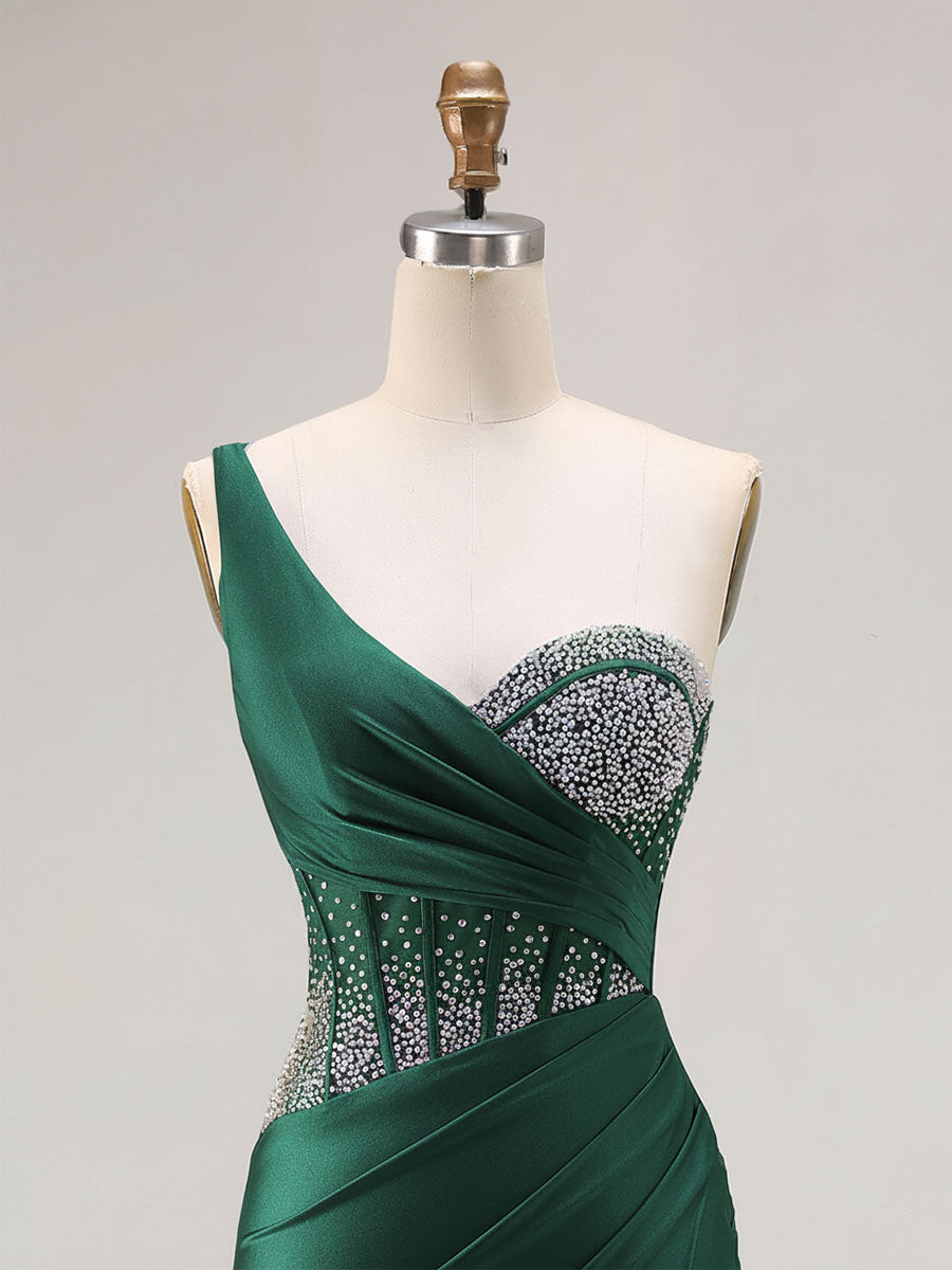 Mermaid One Shoulder Corset Long Prom Dress With Beading