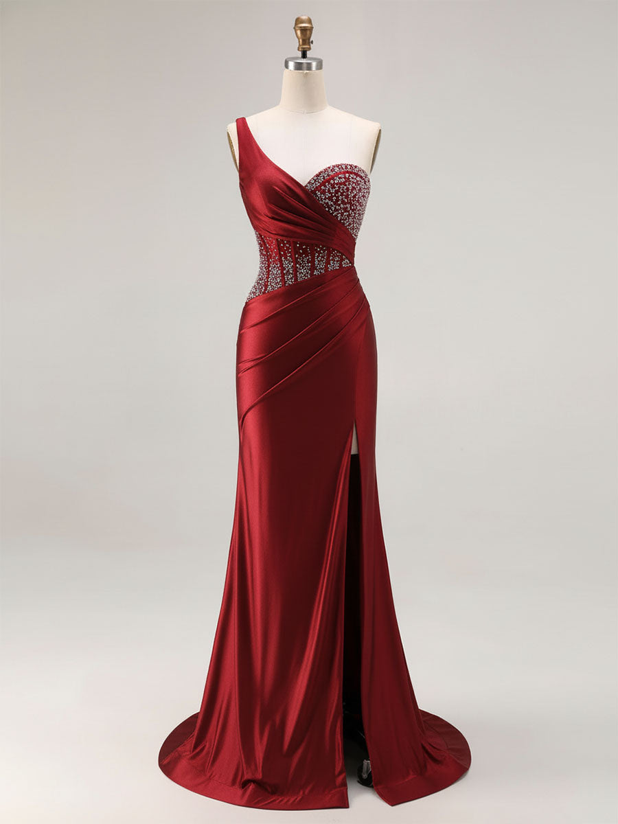Mermaid One Shoulder Corset Long Prom Dress With Beading