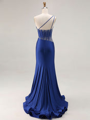 Mermaid One Shoulder Corset Long Prom Dress With Beading
