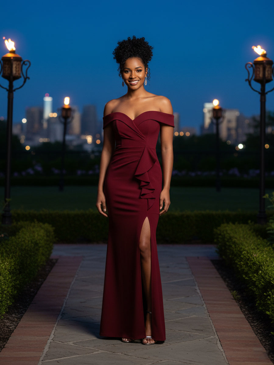 Mermaid Satin Ruffles Maxi Mother of the Bride Dress with Slit