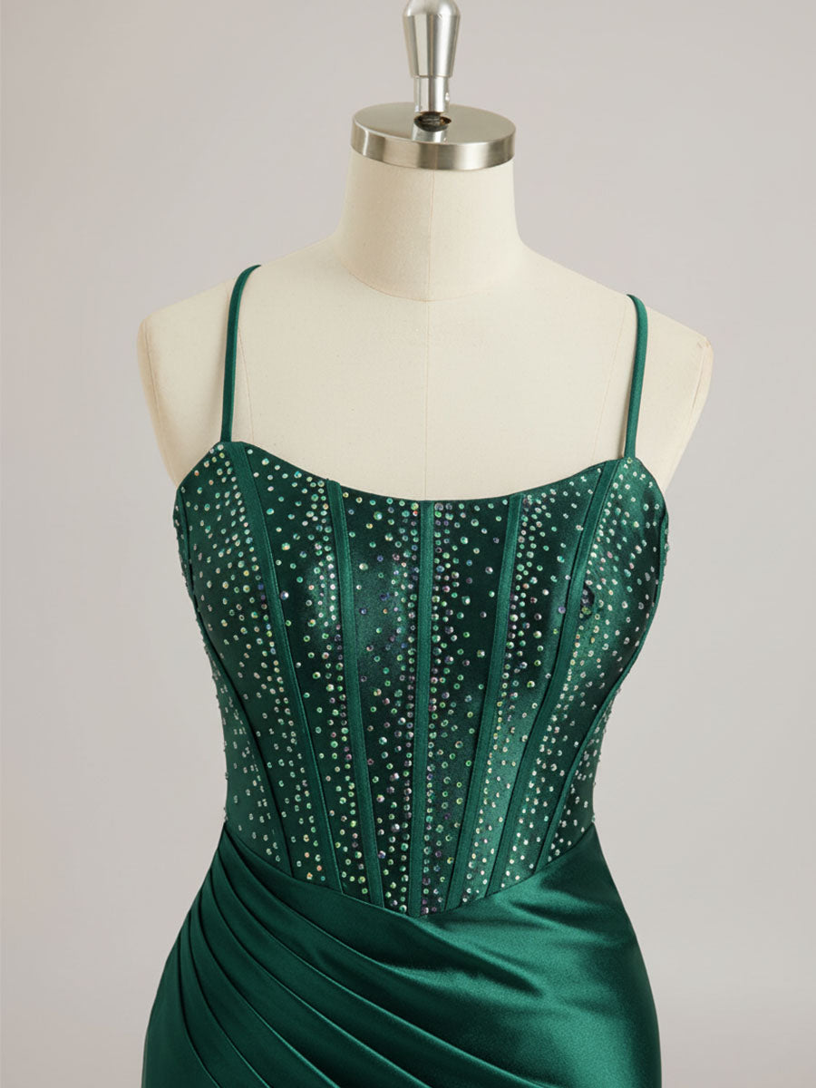 Mermaid Scoop Sweep Train Satin Prom Dress with Rhinestone