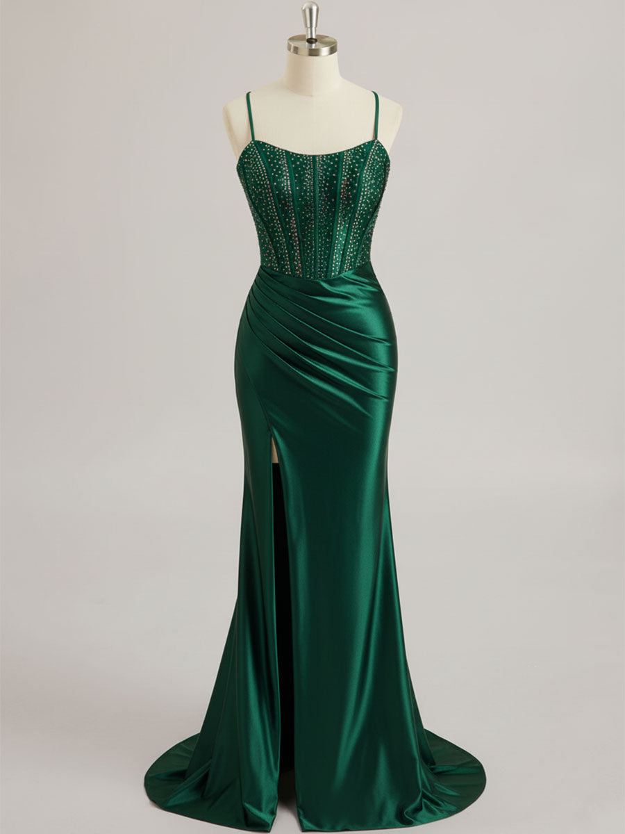 Mermaid Scoop Sweep Train Satin Prom Dress with Rhinestone