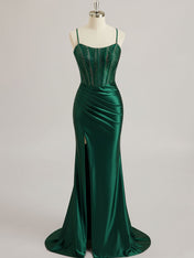 Mermaid Scoop Sweep Train Satin Prom Dress with Rhinestone