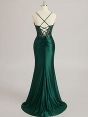 Mermaid Scoop Sweep Train Satin Prom Dress with Rhinestone