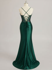 Mermaid Scoop Sweep Train Satin Prom Dress with Rhinestone