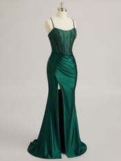 Mermaid Scoop Sweep Train Satin Prom Dress with Rhinestone