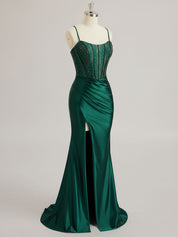 Mermaid Scoop Sweep Train Satin Prom Dress with Rhinestone