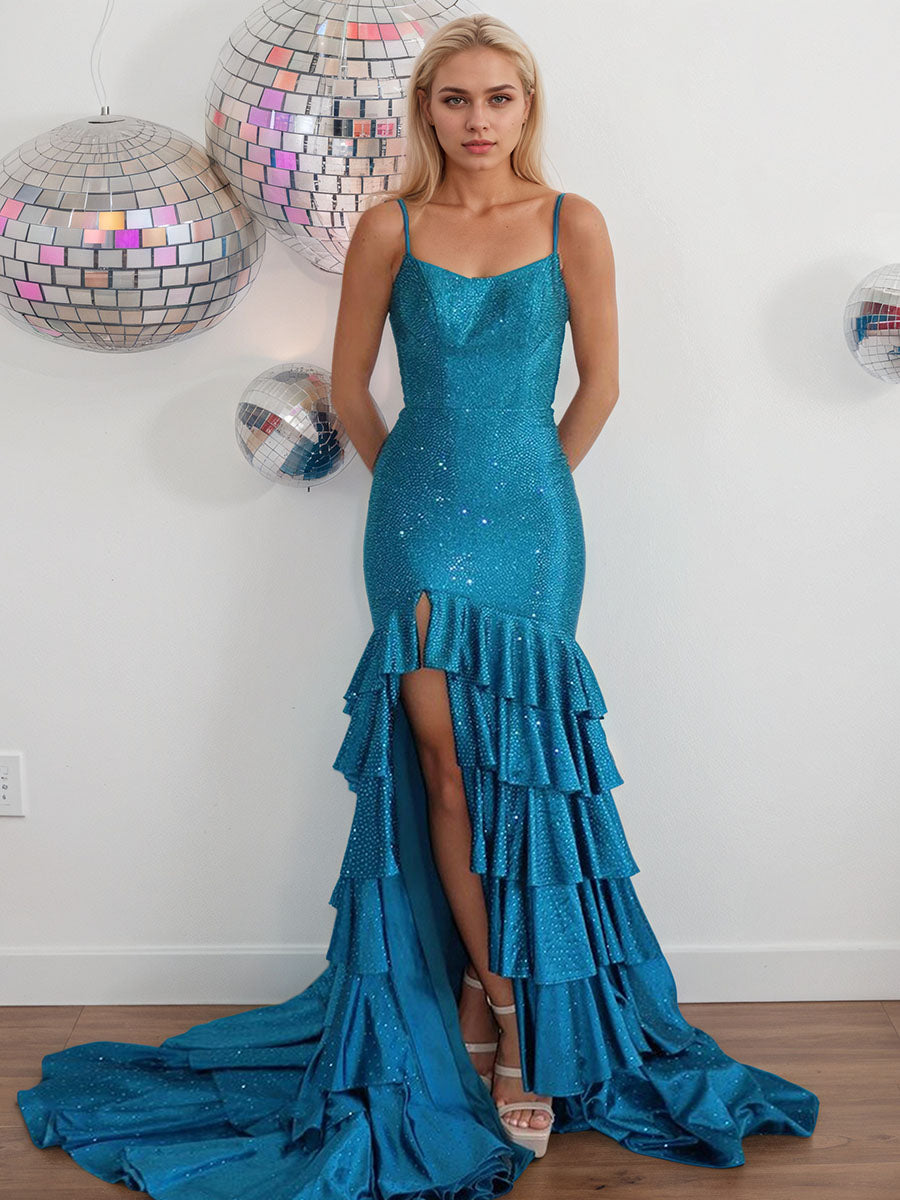Mermaid Spaghetti Straps Rhinestone Ruffles Long Prom Dress with Slit