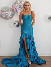 Mermaid Spaghetti Straps Rhinestone Ruffles Long Prom Dress with Slit
