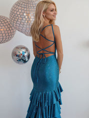 Mermaid Spaghetti Straps Rhinestone Ruffles Long Prom Dress with Slit