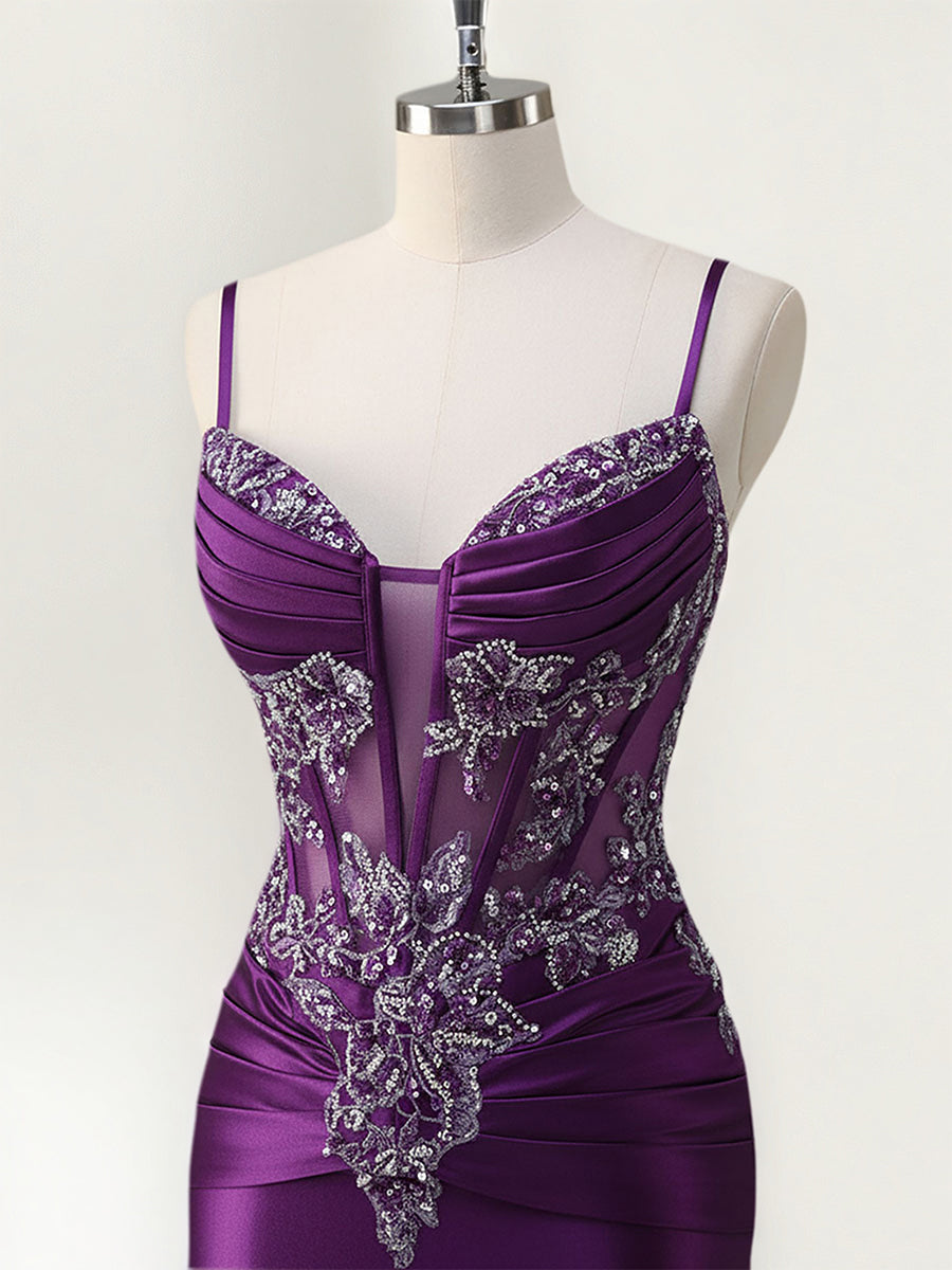 Mermaid Spaghetti Straps Satin Long Corset Appliqued Prom Dress