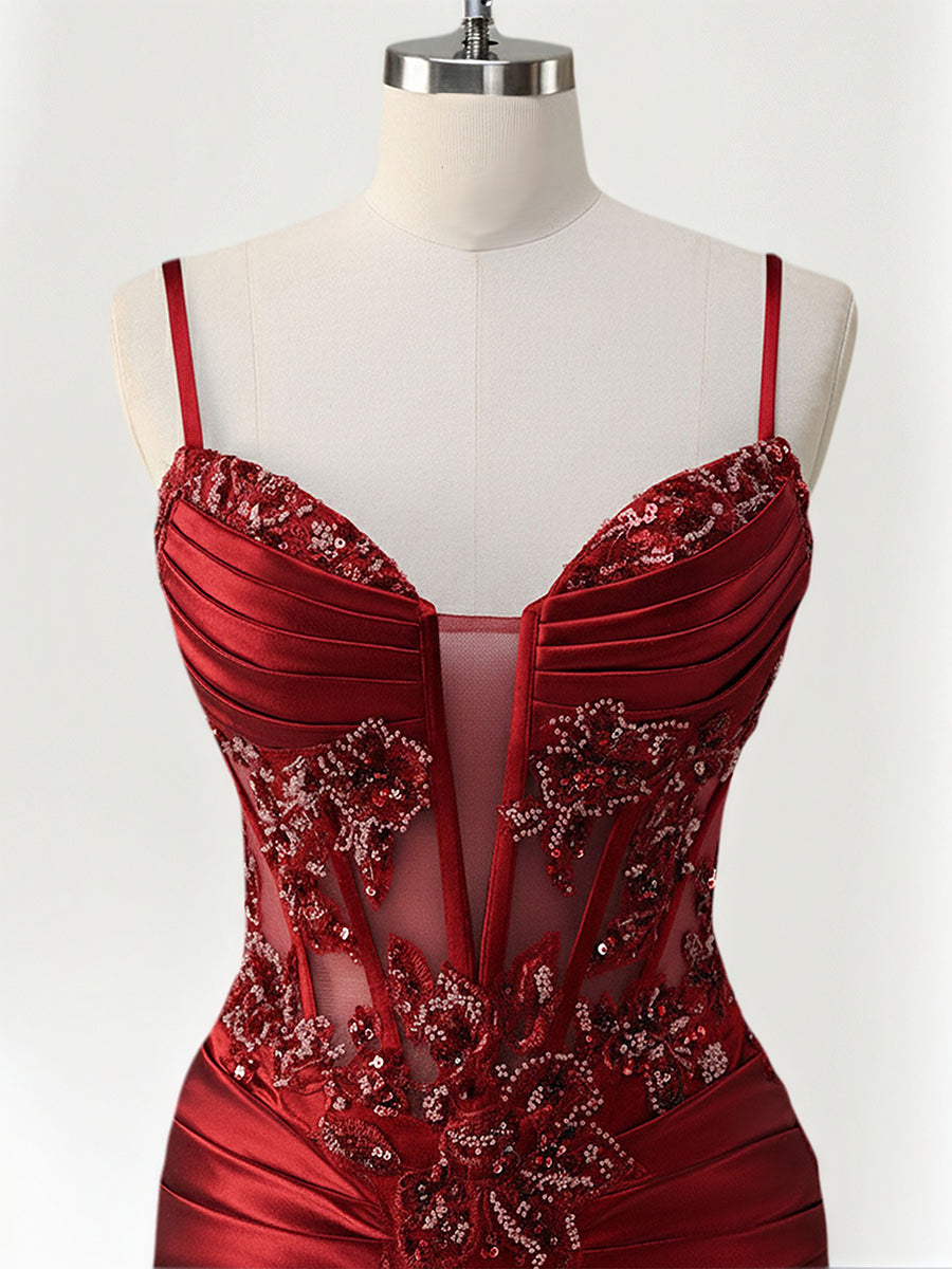 Mermaid Spaghetti Straps Satin Long Corset Appliqued Prom Dress