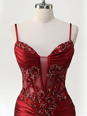 Mermaid Spaghetti Straps Satin Long Corset Appliqued Prom Dress