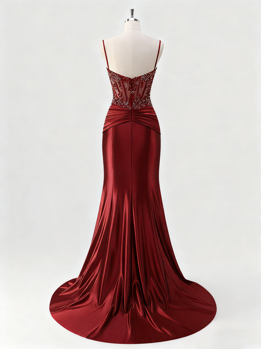 Mermaid Spaghetti Straps Satin Long Corset Appliqued Prom Dress