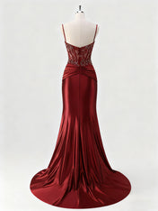 Mermaid Spaghetti Straps Satin Long Corset Appliqued Prom Dress