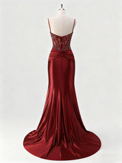 Mermaid Spaghetti Straps Satin Long Corset Appliqued Prom Dress