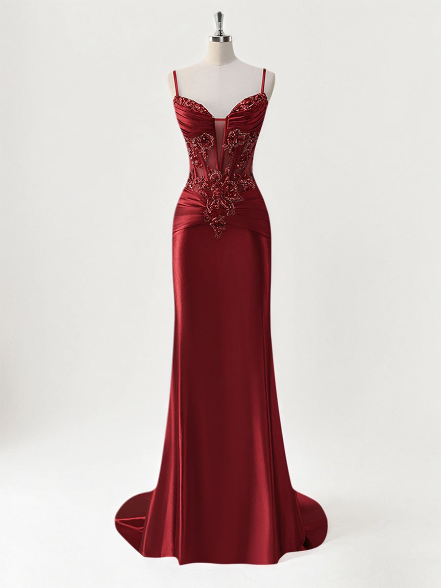 Mermaid Spaghetti Straps Satin Long Corset Appliqued Prom Dress