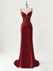 Mermaid Spaghetti Straps Satin Long Corset Appliqued Prom Dress