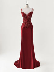 Mermaid Spaghetti Straps Satin Long Corset Appliqued Prom Dress