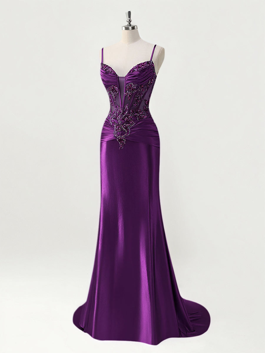 Mermaid Spaghetti Straps Satin Long Corset Appliqued Prom Dress