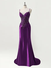 Mermaid Spaghetti Straps Satin Long Corset Appliqued Prom Dress