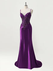 Mermaid Spaghetti Straps Satin Long Corset Appliqued Prom Dress