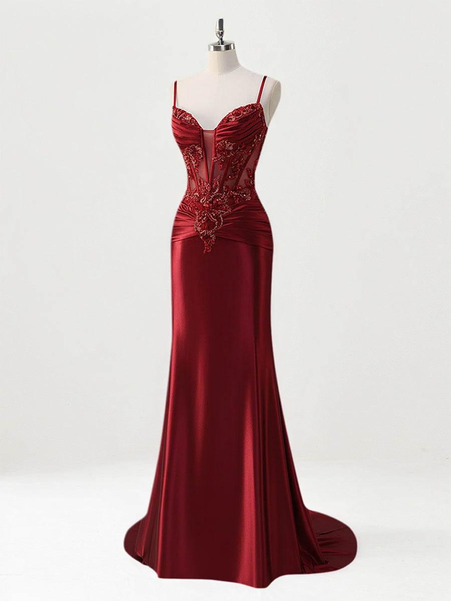 Mermaid Spaghetti Straps Satin Long Corset Appliqued Prom Dress