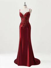 Mermaid Spaghetti Straps Satin Long Corset Appliqued Prom Dress