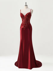 Mermaid Spaghetti Straps Satin Long Corset Appliqued Prom Dress