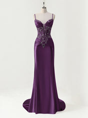 Purple Mermaid Spaghetti Straps Satin Long Corset Appliqued Prom Dress