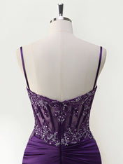 Mermaid Spaghetti Straps Satin Long Corset Appliqued Prom Dress