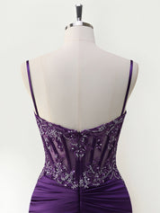 Mermaid Spaghetti Straps Satin Long Corset Appliqued Prom Dress