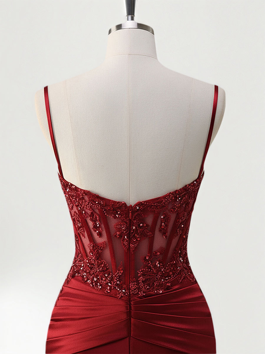 Mermaid Spaghetti Straps Satin Long Corset Appliqued Prom Dress