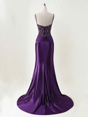 Purple Mermaid Spaghetti Straps Satin Long Corset Appliqued Prom Dress