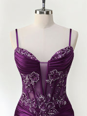 Mermaid Spaghetti Straps Satin Long Corset Appliqued Prom Dress