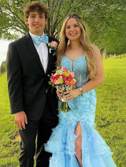 Mermaid Spaghetti Straps V-Neck Lace Appliques Ruffles Prom Dress