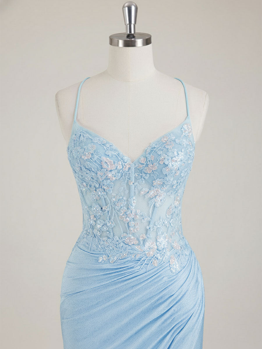 Mermaid Spaghetti Straps V-Neck Sequins Prom Dress with Slit