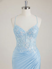 Mermaid Spaghetti Straps V-Neck Sequins Prom Dress with Slit