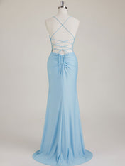 Meerjungfrau Pailletten-Ballkleid mit Spaghettiträgern, V-Ausschnitt und Schlitz