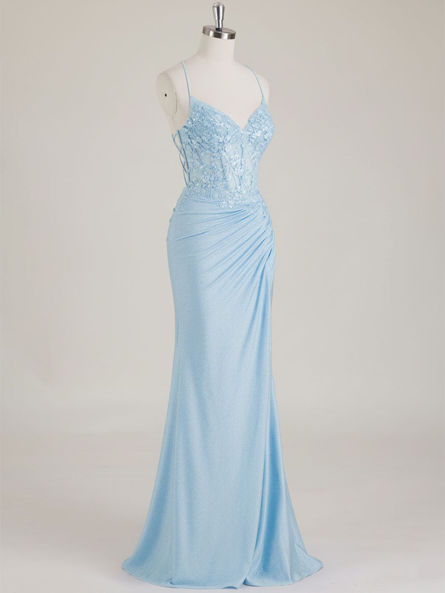 Mermaid Spaghetti Straps V-Neck Sequins Prom Dress with Slit