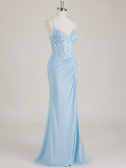 Mermaid Spaghetti Straps V-Neck Sequins Prom Dress with Slit