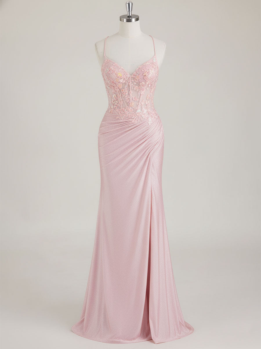 Mermaid Spaghetti Straps V-Neck Sequins Prom Dress with Slit