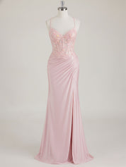 Mermaid Spaghetti Straps V-Neck Sequins Prom Dress with Slit