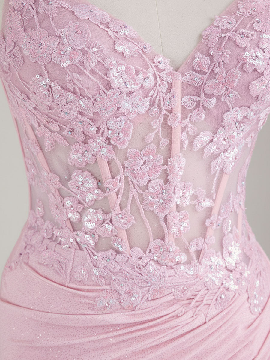 Mermaid Spaghetti Straps V-Neck Sequins Prom Dress with Slit