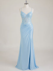 Mermaid Spaghetti Straps V-Neck Sequins Prom Dress with Slit