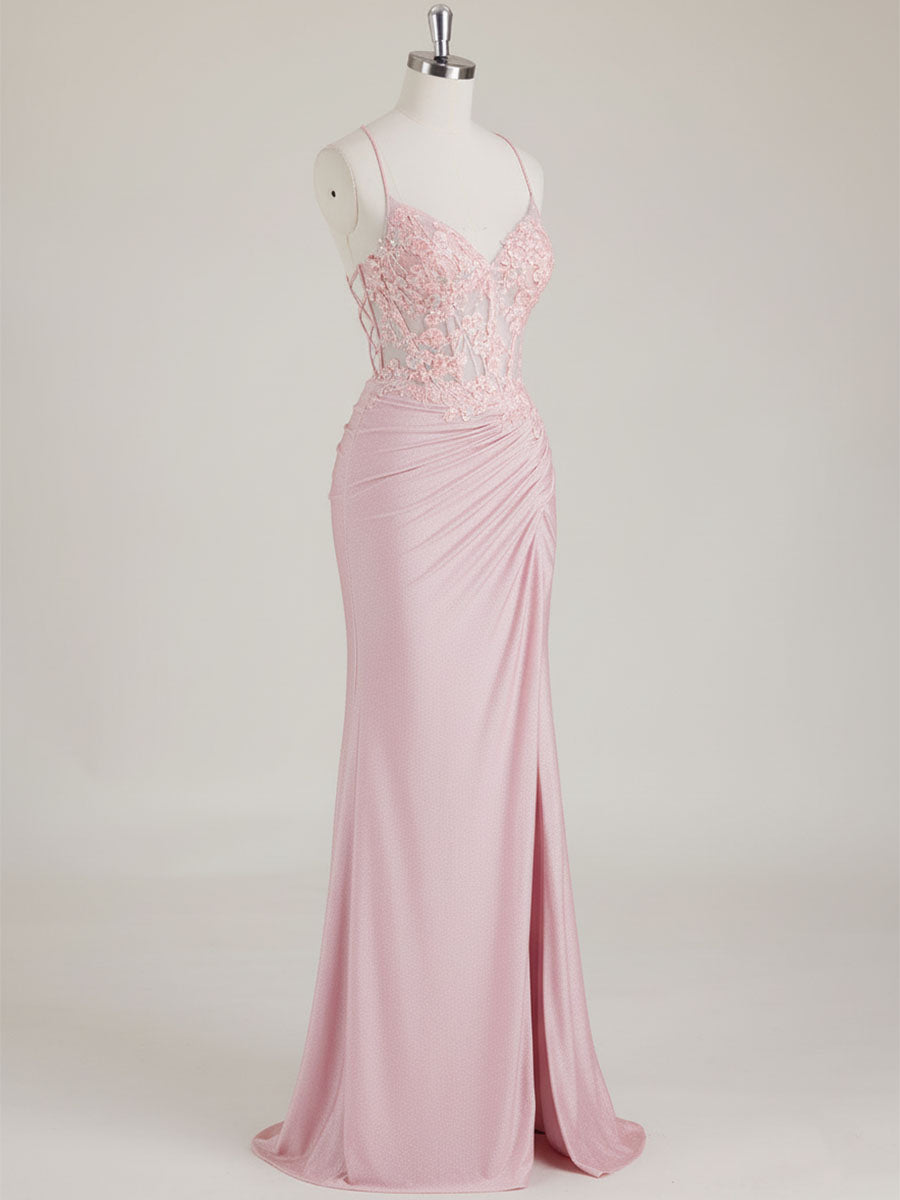 Mermaid Spaghetti Straps V-Neck Sequins Prom Dress with Slit