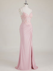 Mermaid Spaghetti Straps V-Neck Sequins Prom Dress with Slit